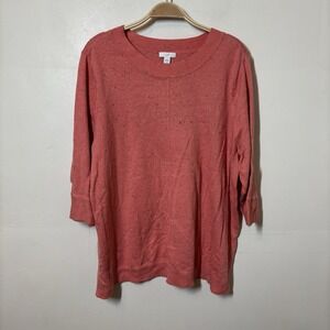J Jill Sweater Orange Speckled XL Cotton‎ Blend 3/4 Sleeve Crewneck